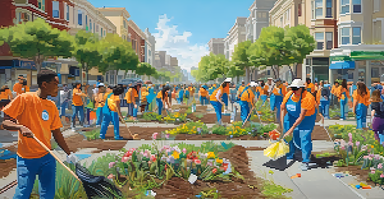 Young voters participating in an outdoor volunteer event, cleaning up a community area and planting flowers under a bright blue sky.