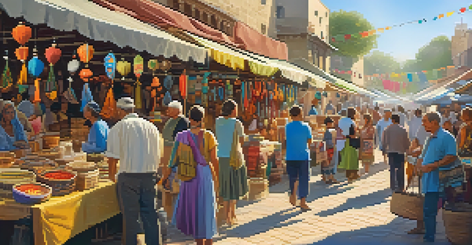 A lively craft market with artisan stalls featuring handmade pottery, jewelry, and textiles under a warm sunlight, bustling with people.