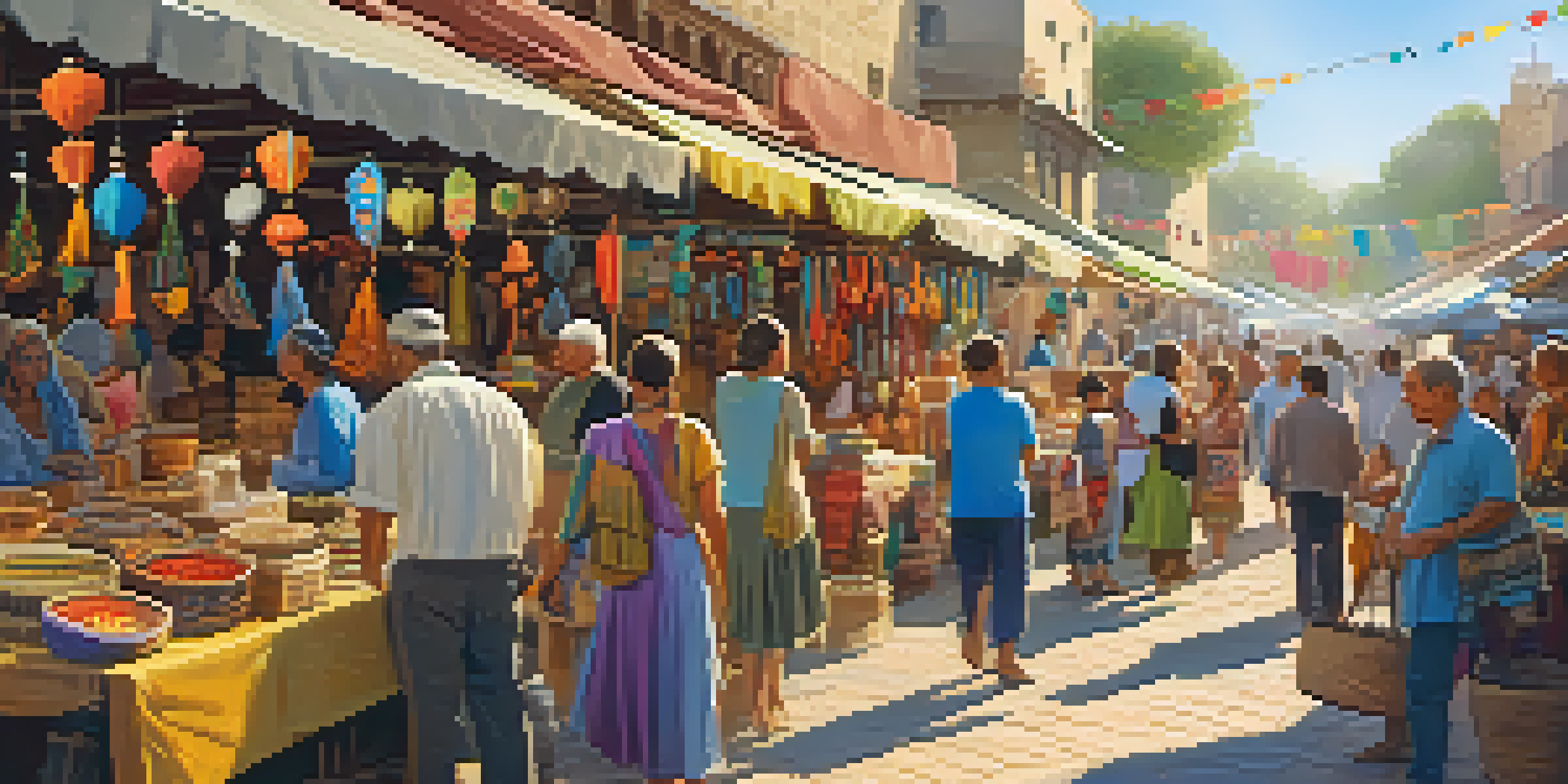 A lively craft market with artisan stalls featuring handmade pottery, jewelry, and textiles under a warm sunlight, bustling with people.