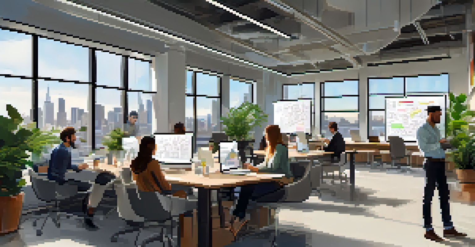 A modern co-working space with professionals brainstorming at a table, bright natural light, and a view of the San Francisco skyline.