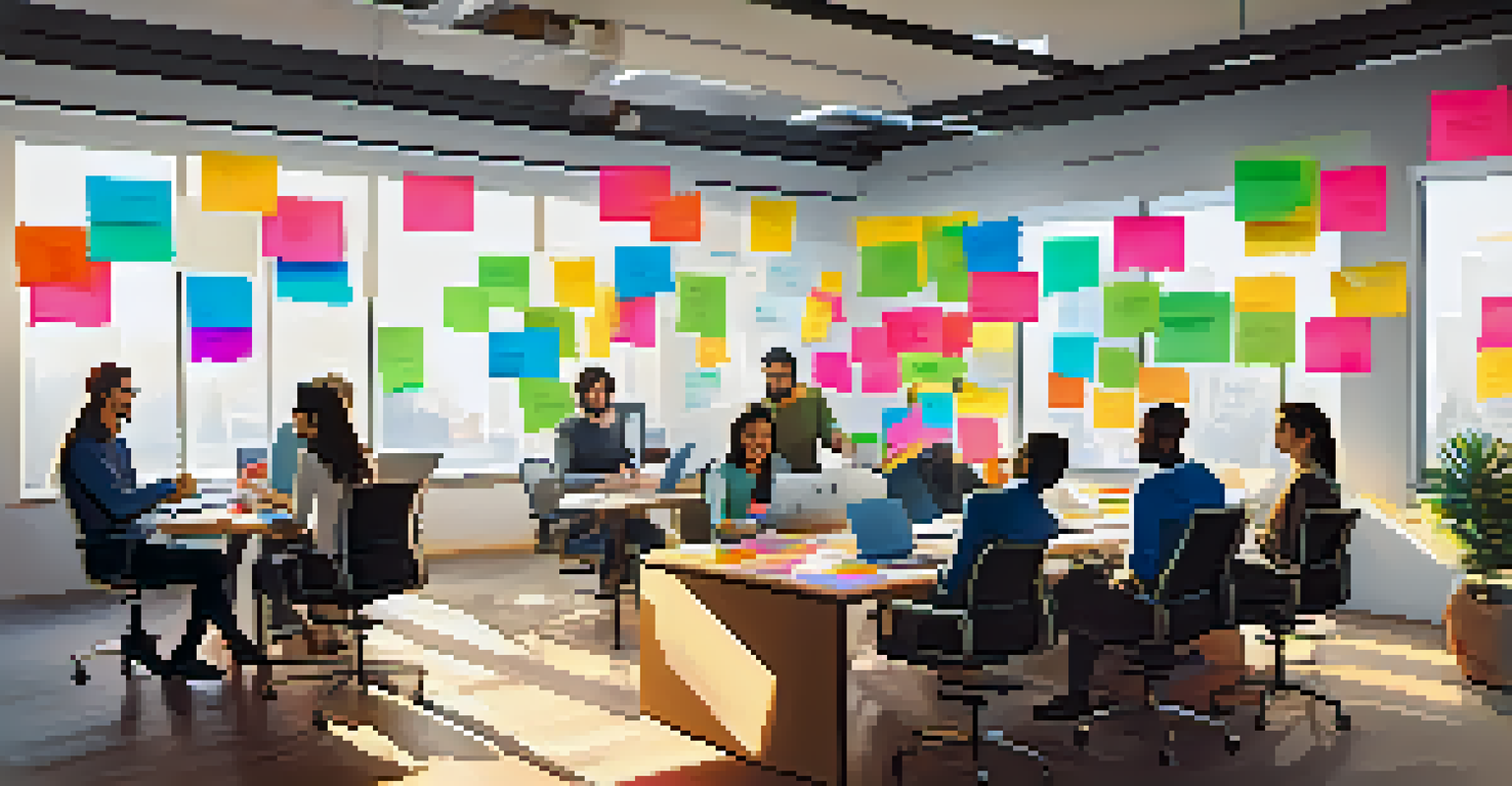 A startup team brainstorming in a bright office with whiteboards and colorful sticky notes.