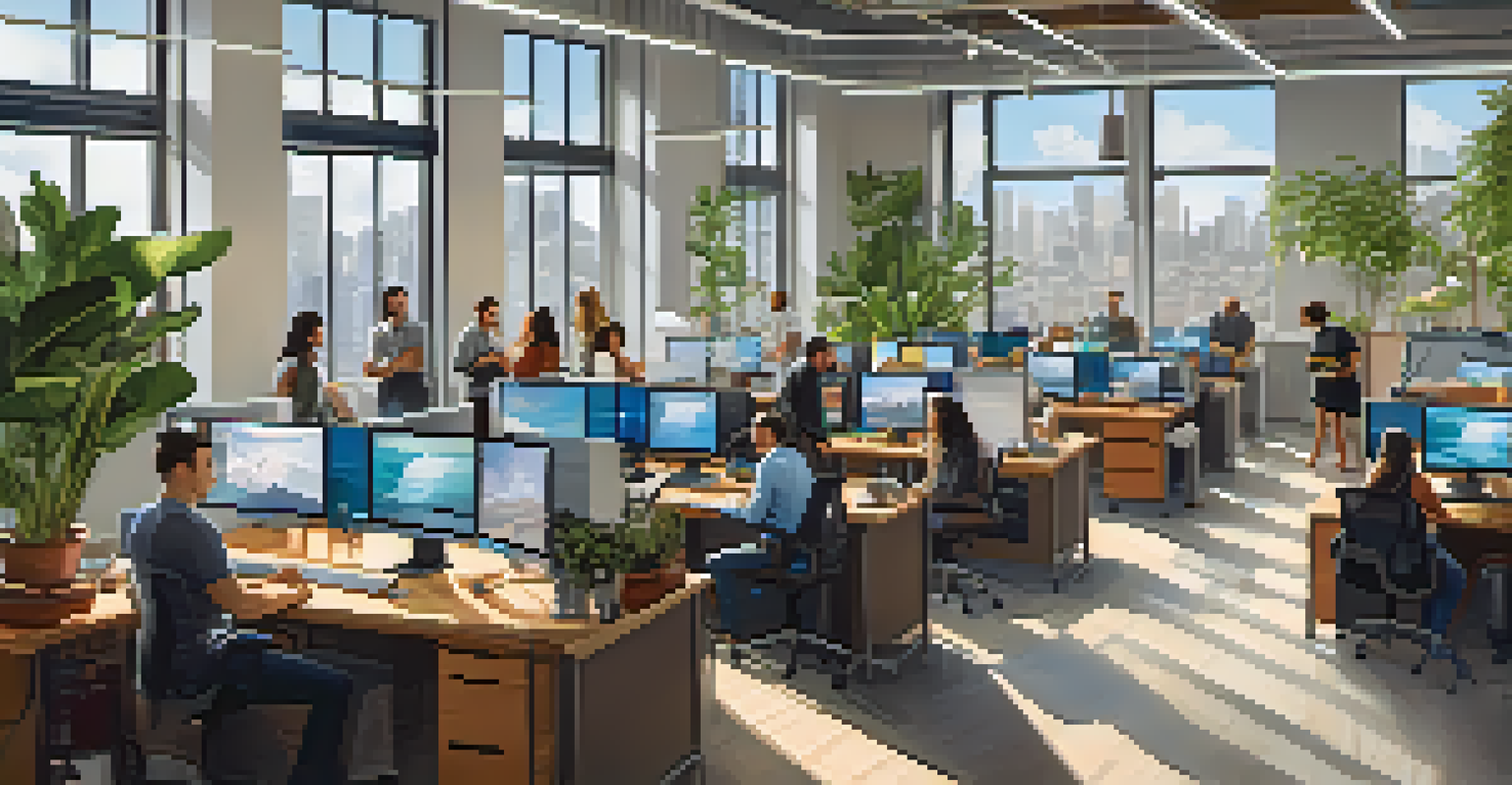 A vibrant startup office in San Francisco with diverse employees working together at modern desks, filled with natural light and artwork.
