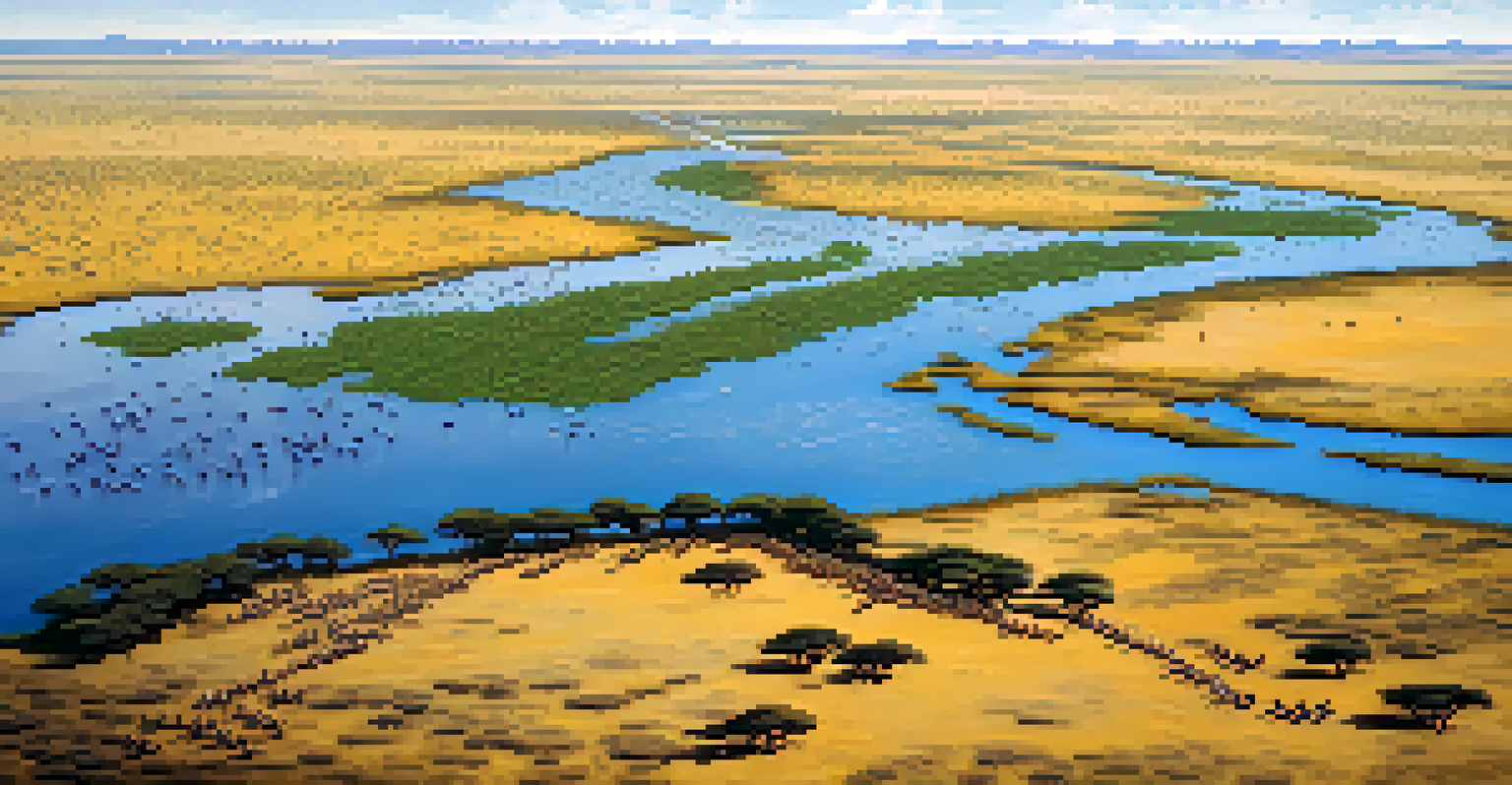 An aerial view of the Serengeti with wildebeests migrating across a river.
