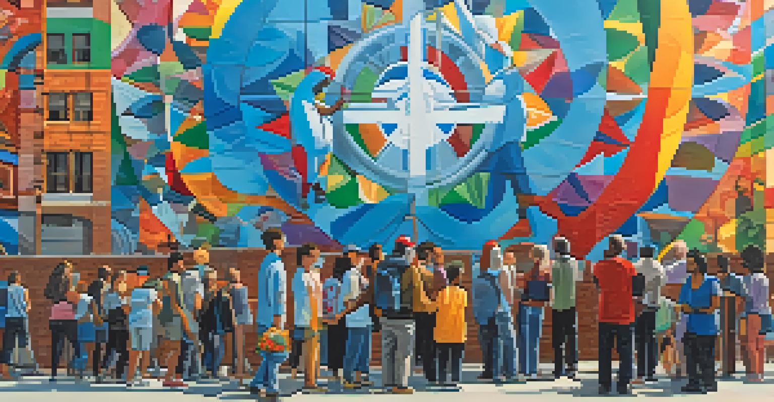 A public art mural depicting peace symbols, with a diverse group of people admiring the colorful artwork under a clear sky.