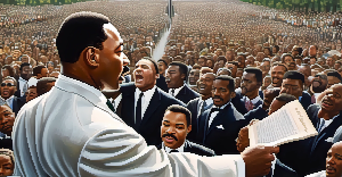 A close-up portrait of Martin Luther King Jr. passionately giving his 'I Have a Dream' speech in front of a large, diverse crowd of supporters in Washington D.C.