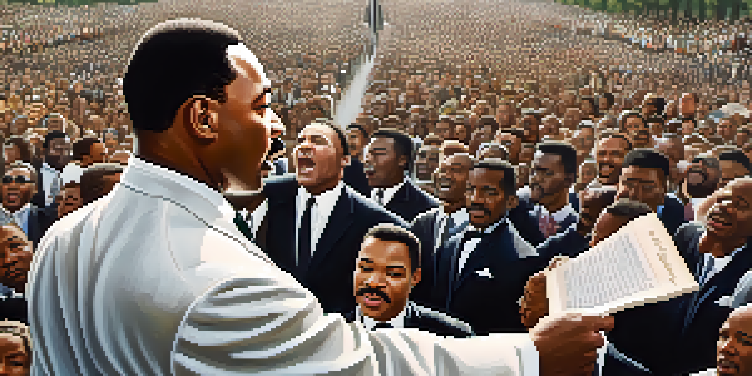 A close-up portrait of Martin Luther King Jr. passionately giving his 'I Have a Dream' speech in front of a large, diverse crowd of supporters in Washington D.C.