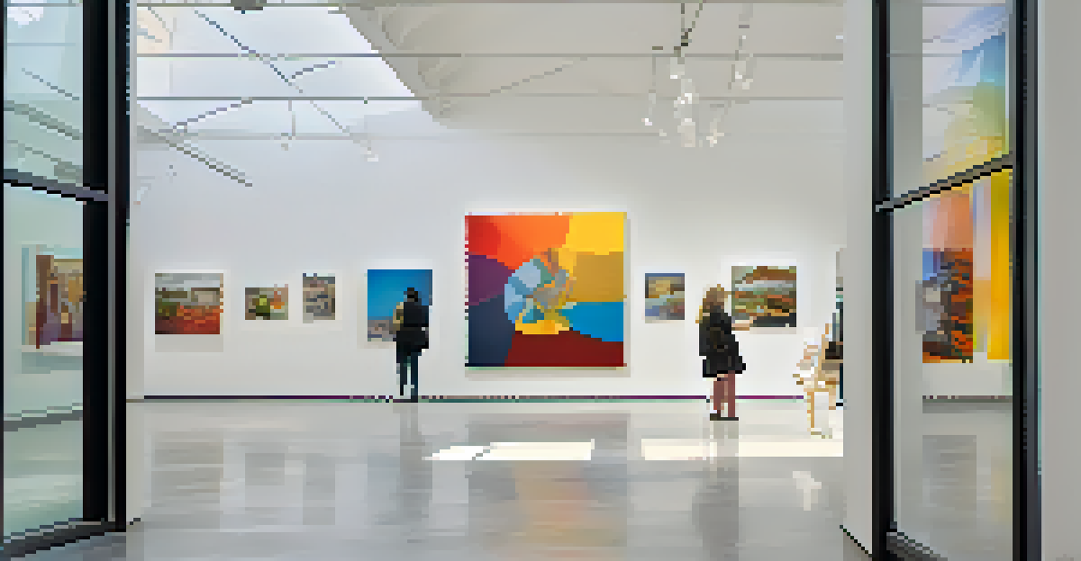 A contemporary art gallery filled with diverse artworks addressing social issues, illuminated by natural light with visitors interacting with the displays.