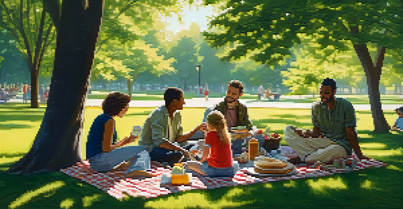 A diverse group of people enjoying a picnic in a park, sharing food and stories under the shade of trees.