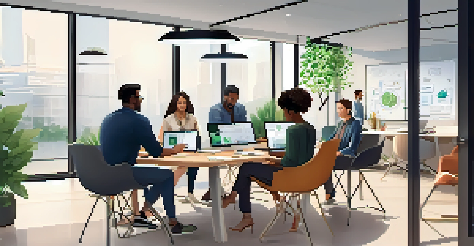 A diverse team of professionals collaborating on a tech project in a bright and modern office setting.