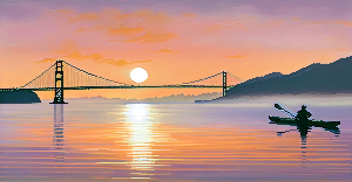 A peaceful San Francisco Bay scene at sunset, featuring a kayaker and the Golden Gate Bridge in the background, with colorful skies and gentle waves.