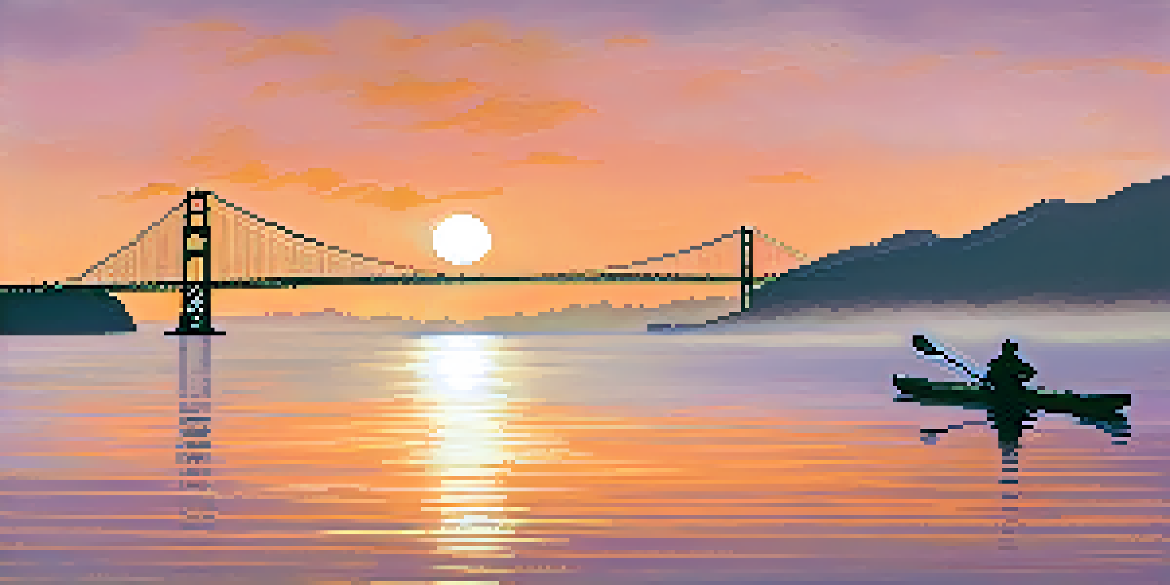 A peaceful San Francisco Bay scene at sunset, featuring a kayaker and the Golden Gate Bridge in the background, with colorful skies and gentle waves.