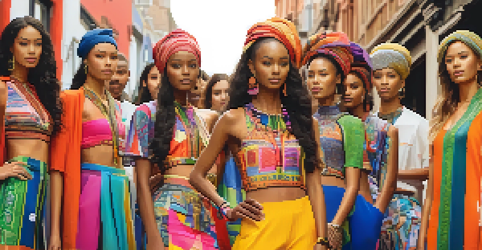A colorful outdoor fashion showcase with models wearing eco-friendly clothing, surrounded by a lively crowd and decorative banners.