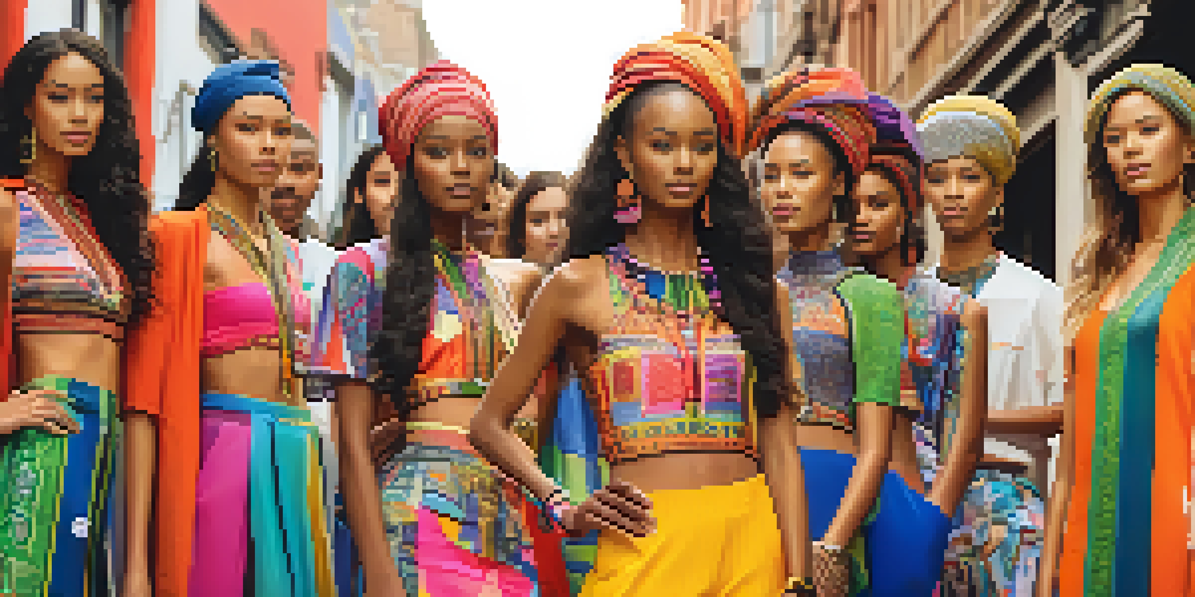 A colorful outdoor fashion showcase with models wearing eco-friendly clothing, surrounded by a lively crowd and decorative banners.
