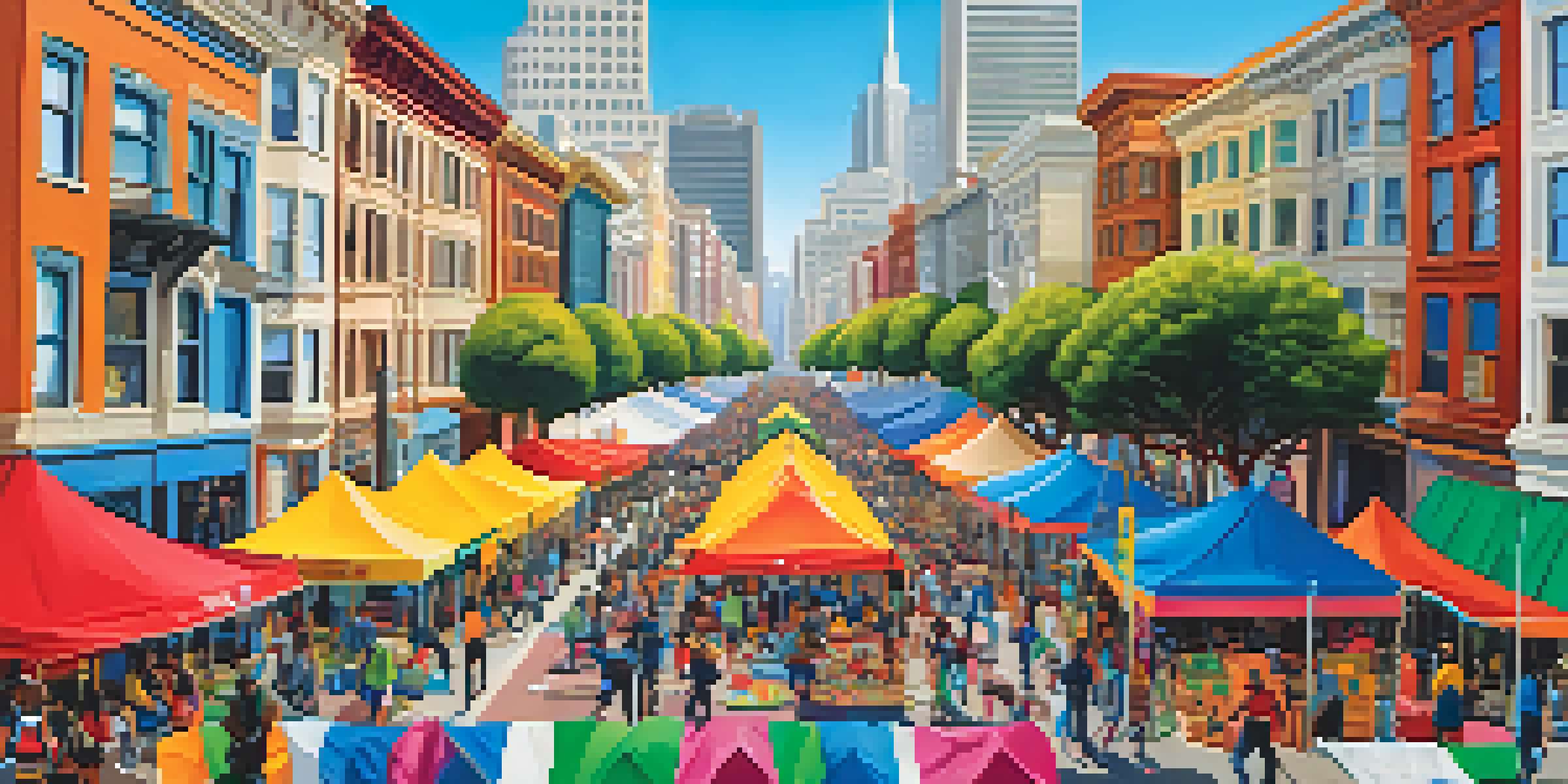 A lively community health fair in San Francisco with colorful tents and diverse people participating in wellness activities.