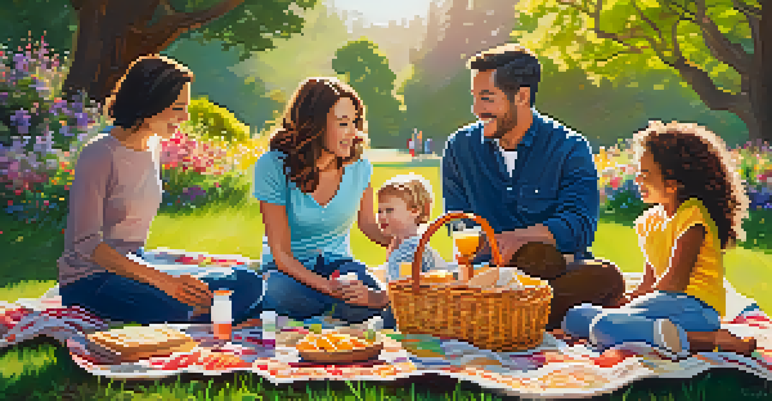 A cheerful family having a picnic in a beautiful park setting, surrounded by greenery and flowers.