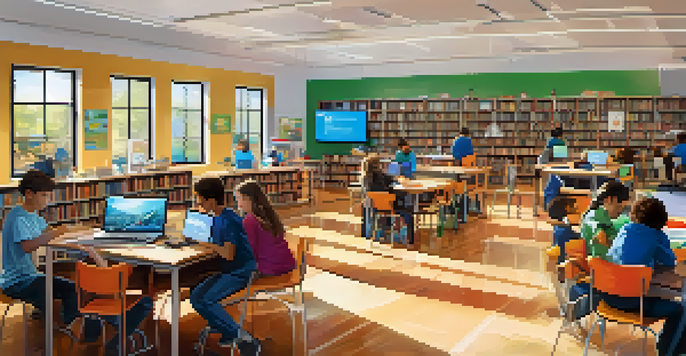 A busy library with students participating in STEM activities, surrounded by educational posters and various technology resources.