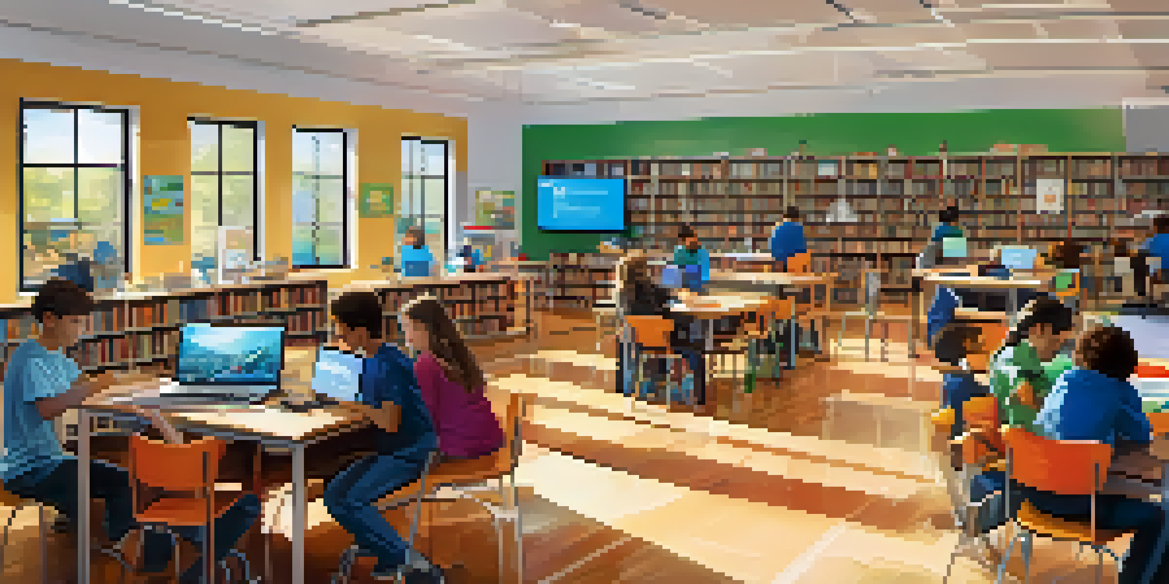 A busy library with students participating in STEM activities, surrounded by educational posters and various technology resources.