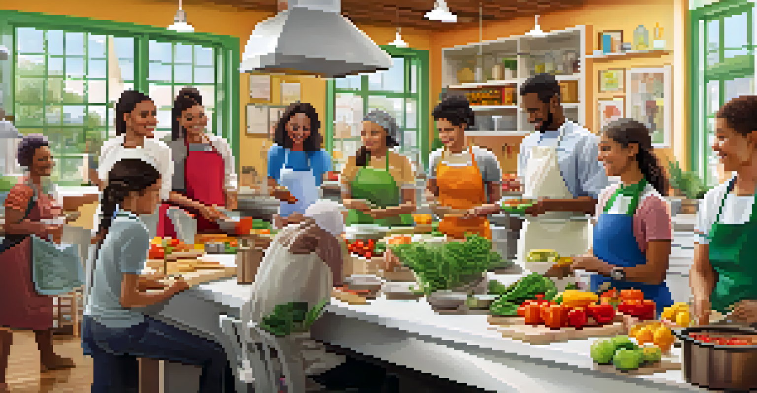 A diverse group of people participating in a cooking class, learning about healthy meal preparation and food safety.