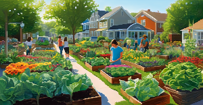 A lively community garden with diverse plants and people gardening together in sunlight.