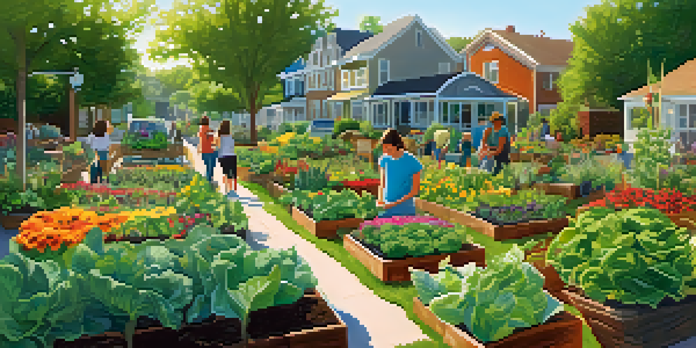 A lively community garden with diverse plants and people gardening together in sunlight.