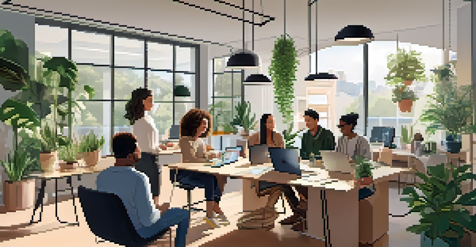 A diverse group of individuals in a bright, modern workspace participating in a virtual meeting.