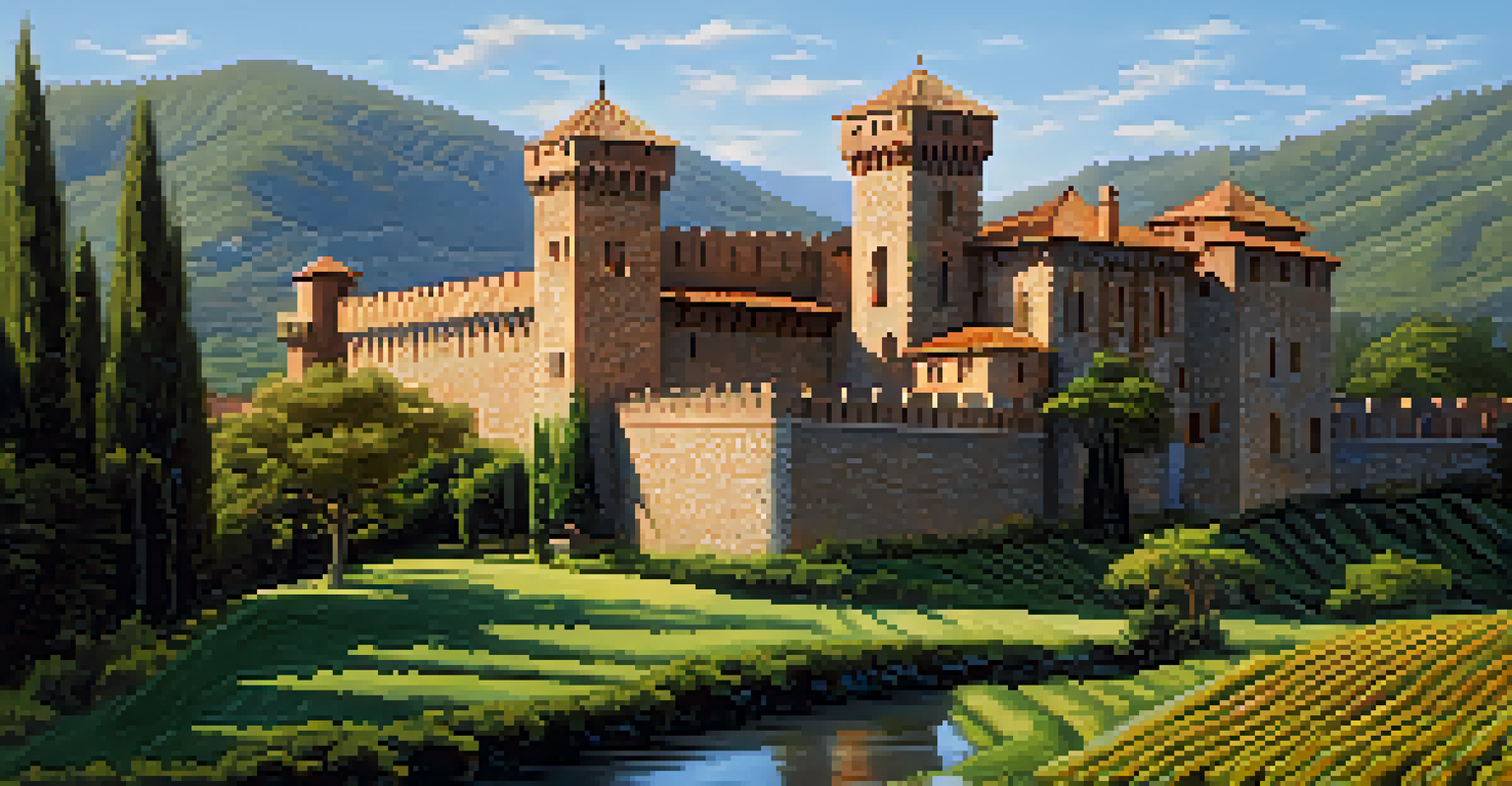 A Tuscan-style castle winery in Napa Valley, featuring turrets and a moat, surrounded by vineyards.