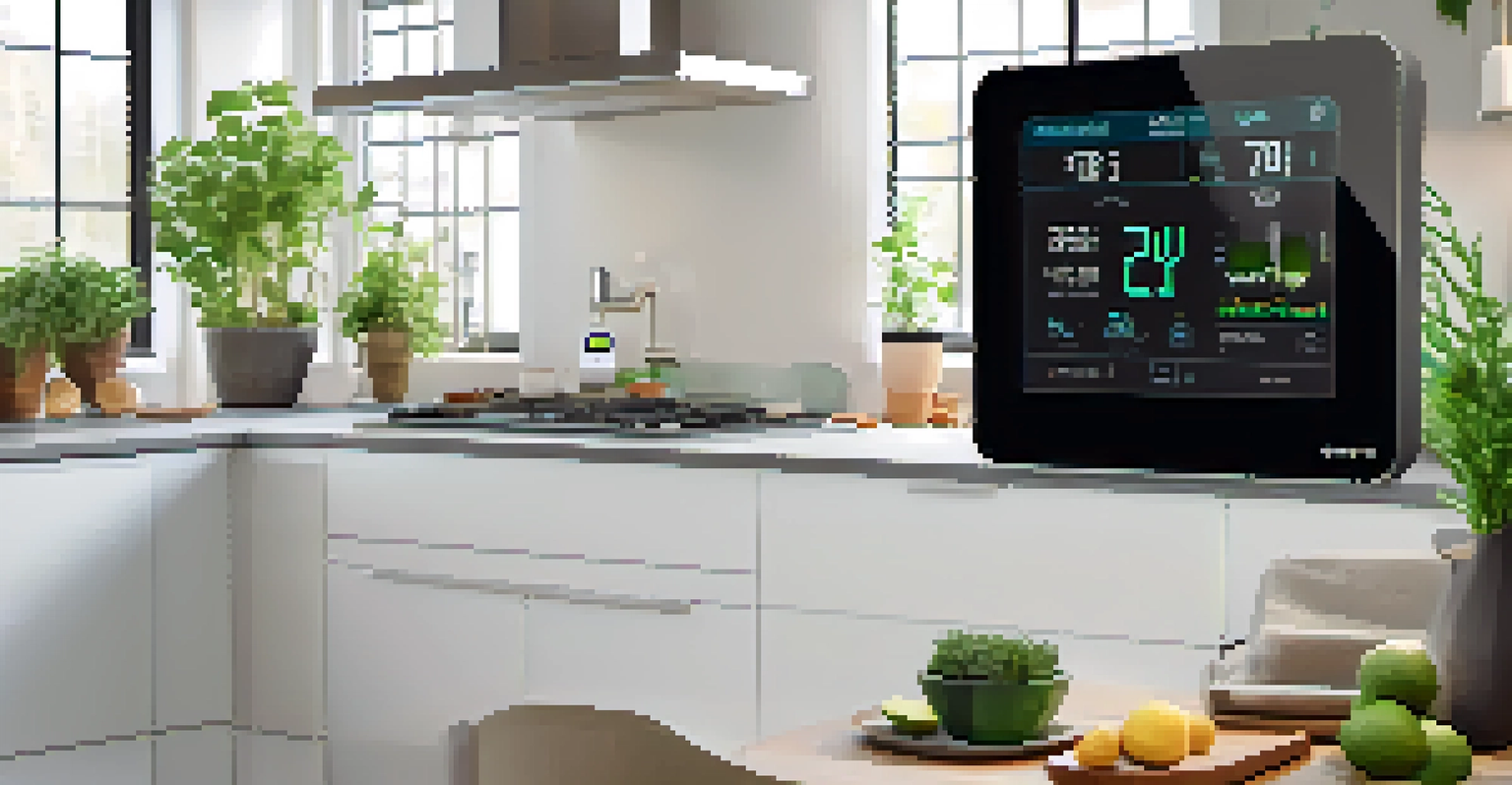 A modern kitchen with a smart water meter showing real-time usage data, sleek appliances, and a green plant, highlighting technology in water conservation.