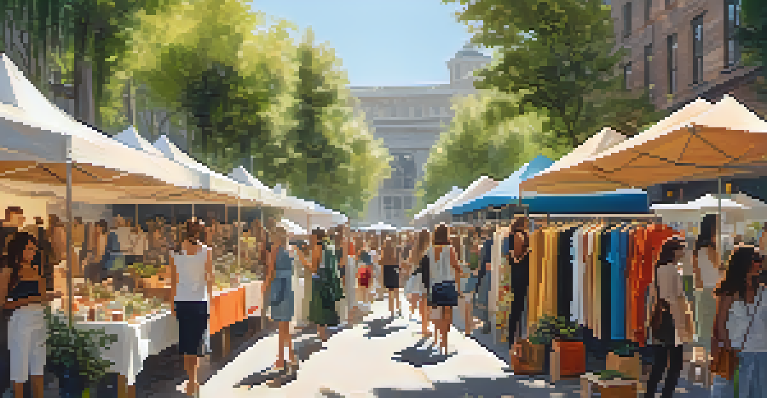 A lively outdoor pop-up fashion market with local designers displaying colorful clothing and accessories amidst greenery.