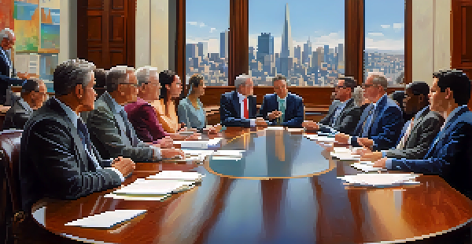 A diverse group of city council members engaged in a meeting, with sunlight streaming through large windows and a view of the San Francisco skyline.