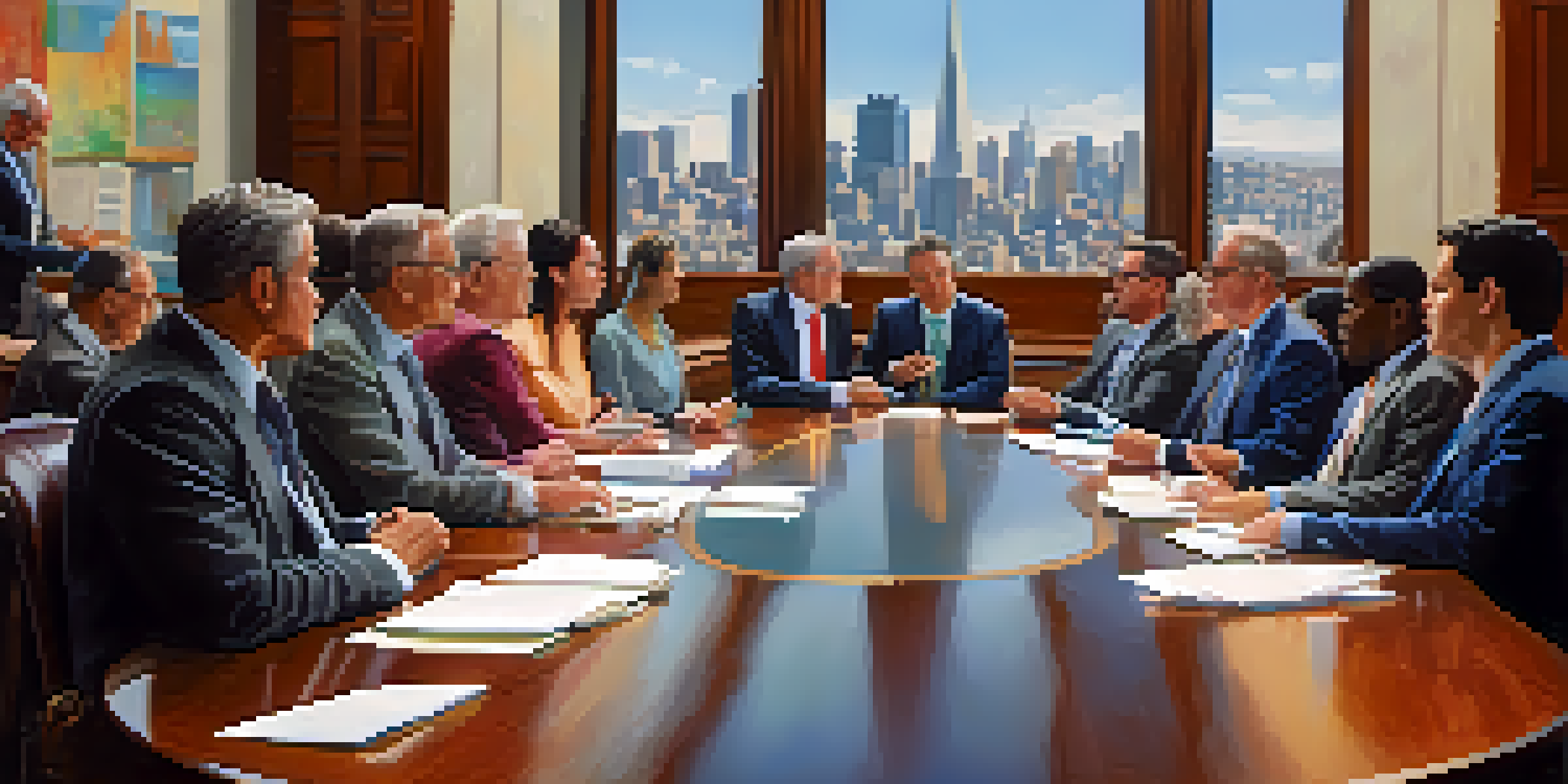 A diverse group of city council members engaged in a meeting, with sunlight streaming through large windows and a view of the San Francisco skyline.