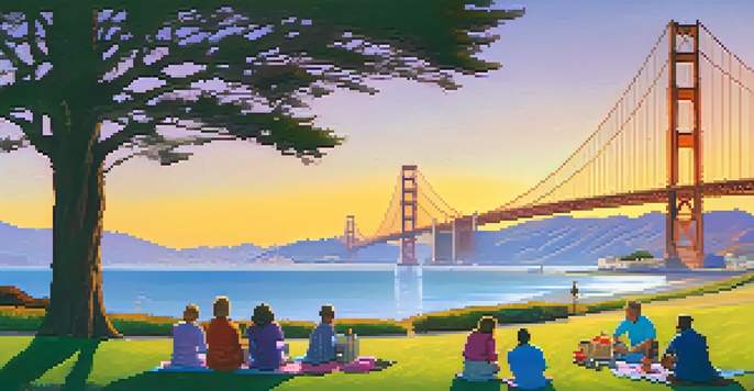 A sunset view of Crissy Field with the Golden Gate Bridge, featuring people having a picnic on the grass.