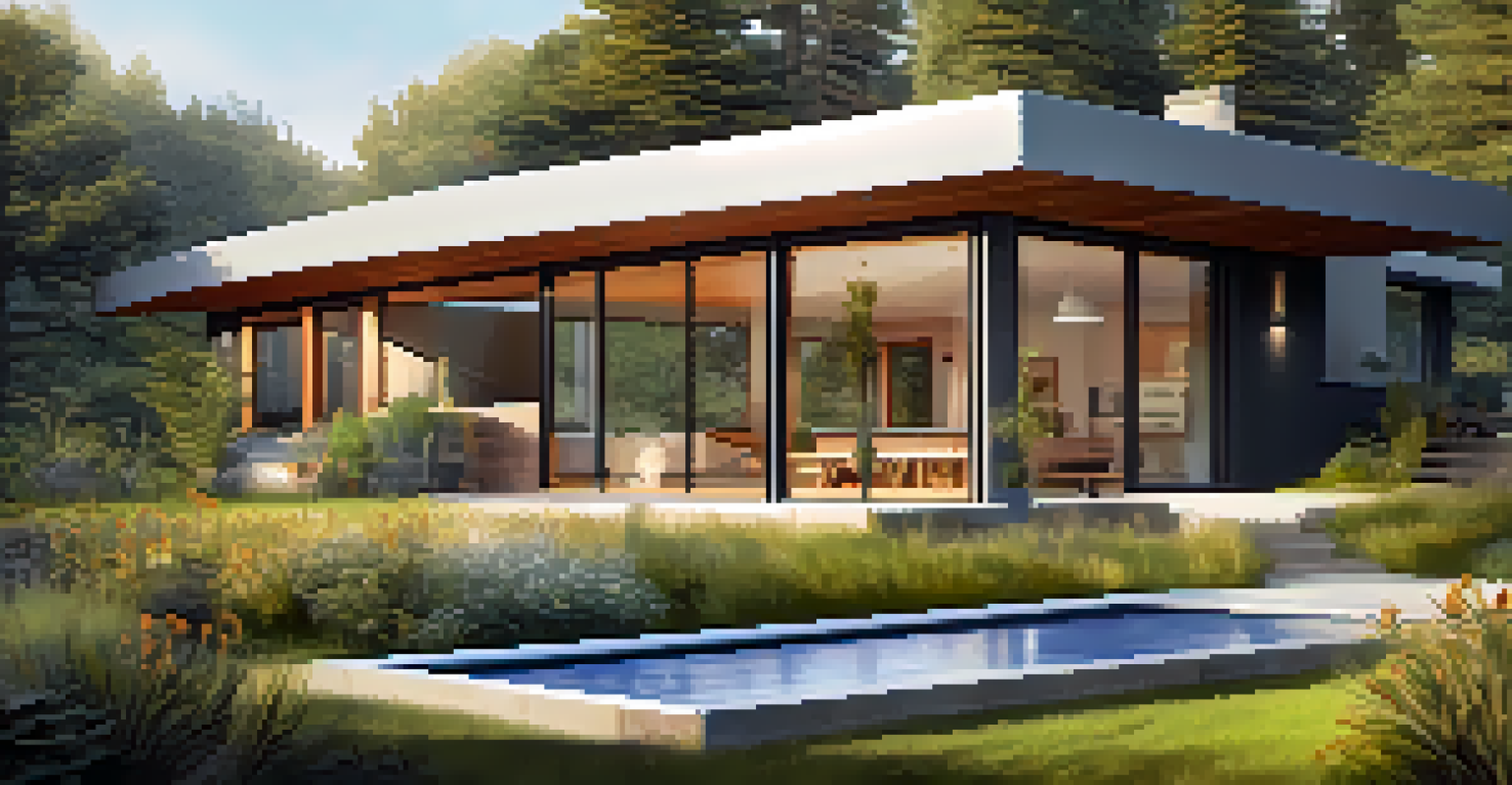 An eco-friendly home with solar panels and a beautiful garden, surrounded by nature.