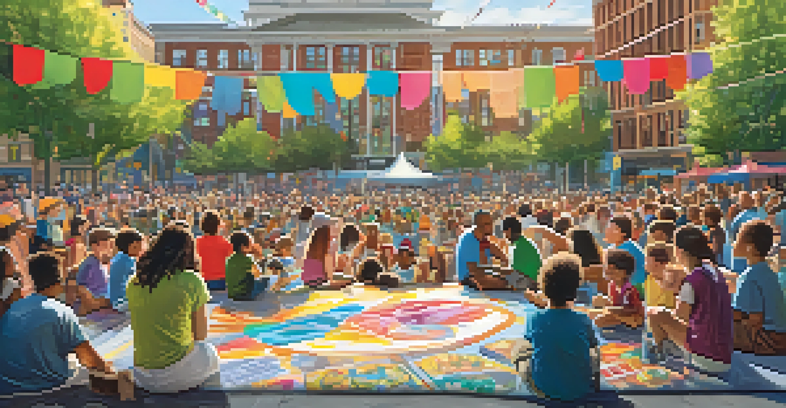 A local artist painting a mural in a public square, with children observing and colorful decorations around, bathed in warm afternoon light.