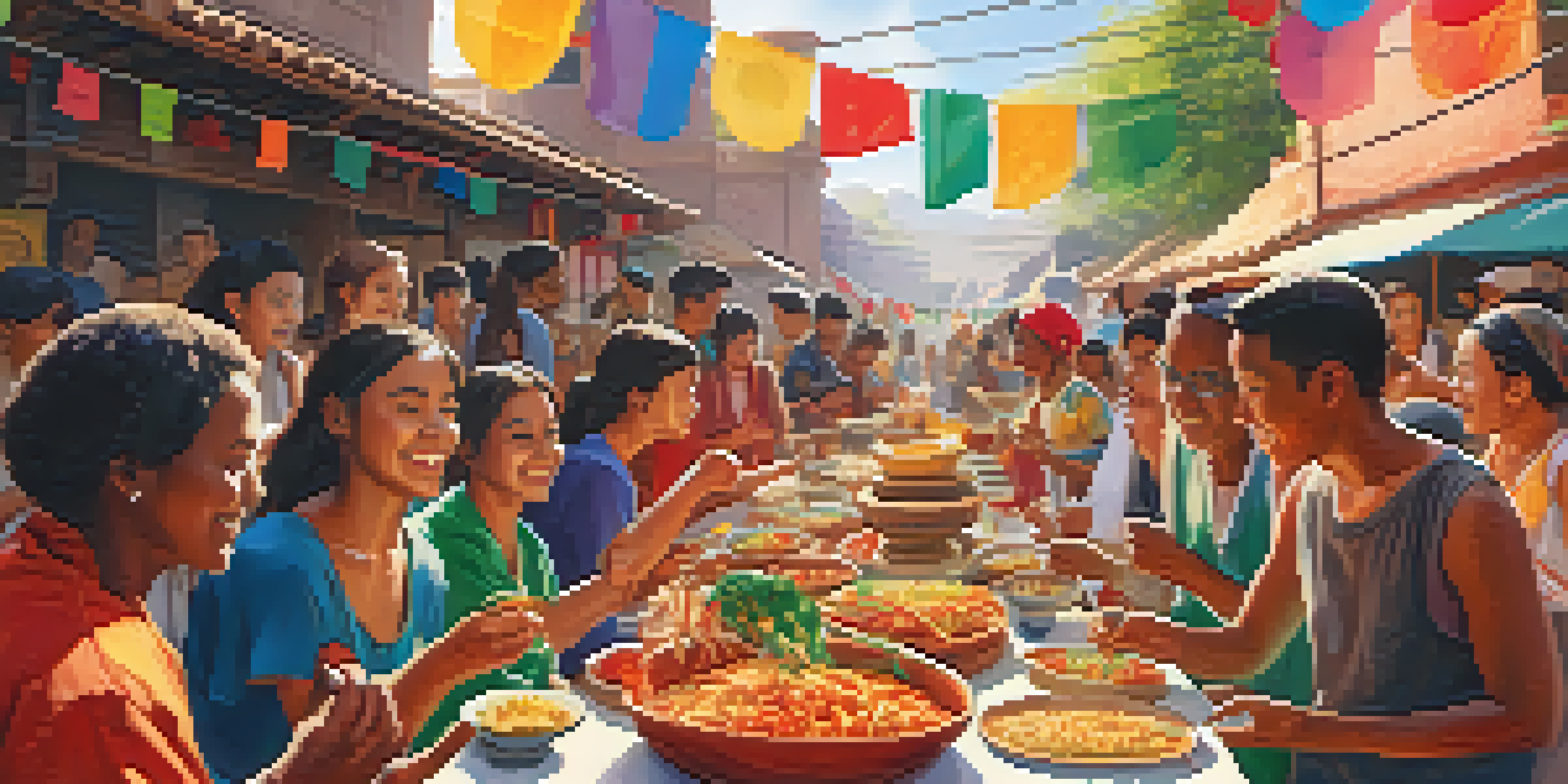 A lively cultural exchange event with diverse individuals sharing food and engaging in language learning activities under colorful banners.