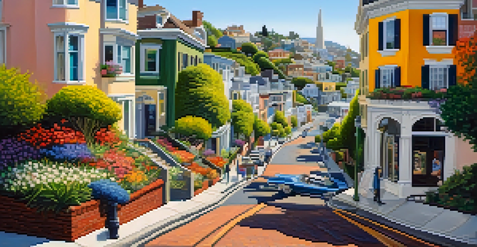 Tourists walking down Lombard Street, surrounded by colorful houses and blooming gardens, with the street sign in view.