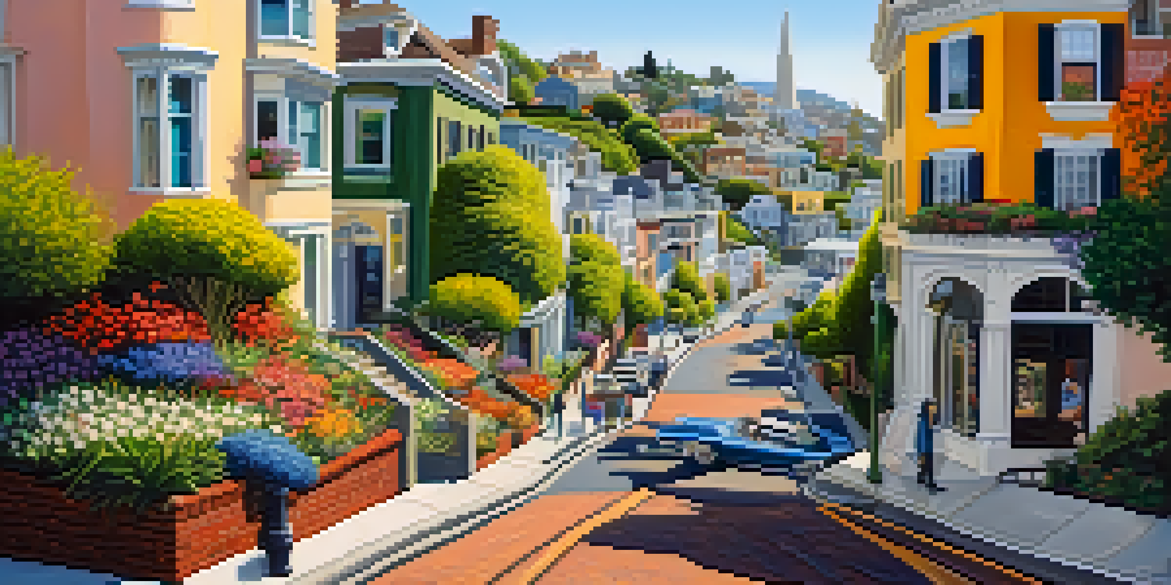 Tourists walking down Lombard Street, surrounded by colorful houses and blooming gardens, with the street sign in view.