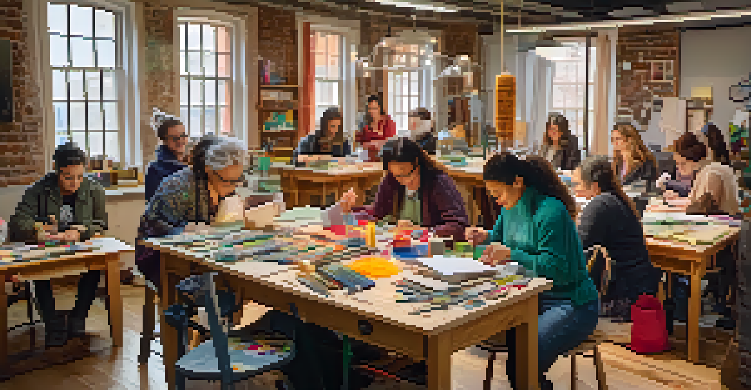 A community workshop focused on upcycling fashion, with participants learning and surrounded by sewing tools and colorful materials in a warm-lit space.