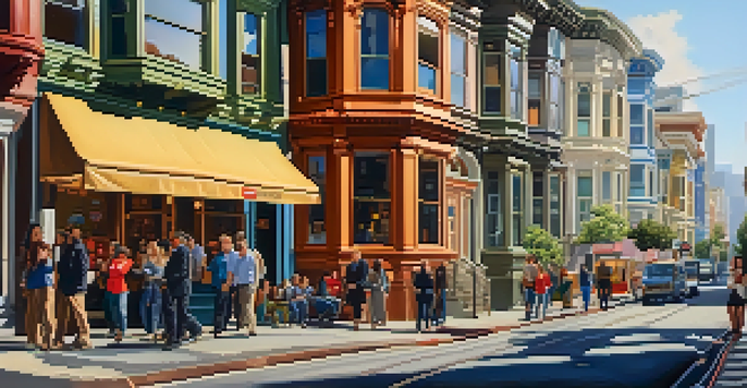 A busy San Francisco street with diverse people talking about real estate, colorful Victorian houses in the background.