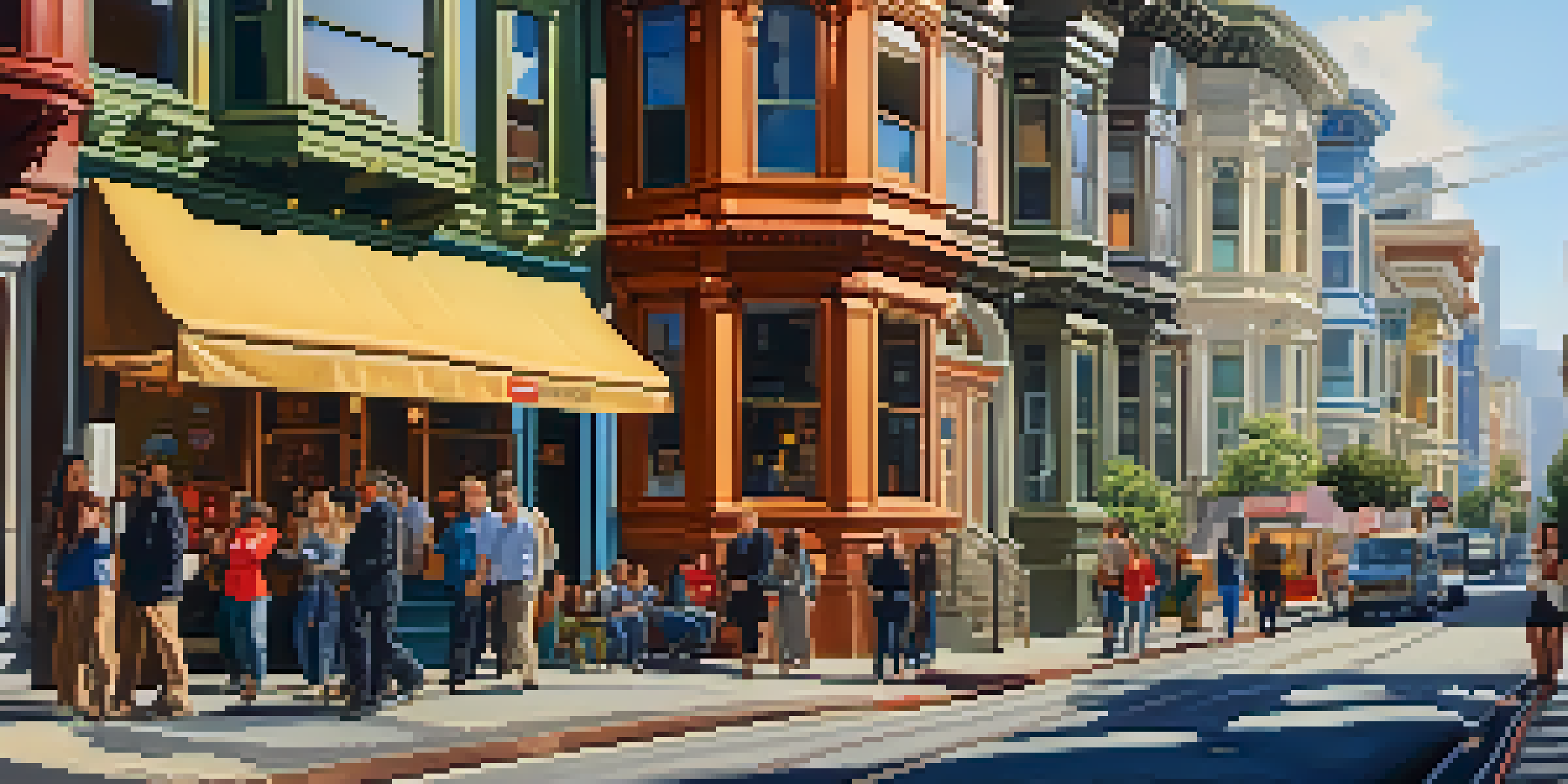 A busy San Francisco street with diverse people talking about real estate, colorful Victorian houses in the background.