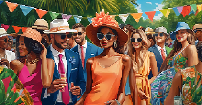 A lively outdoor fashion event with diverse people in stylish clothing, a colorful banner, and greenery under a sunny sky.