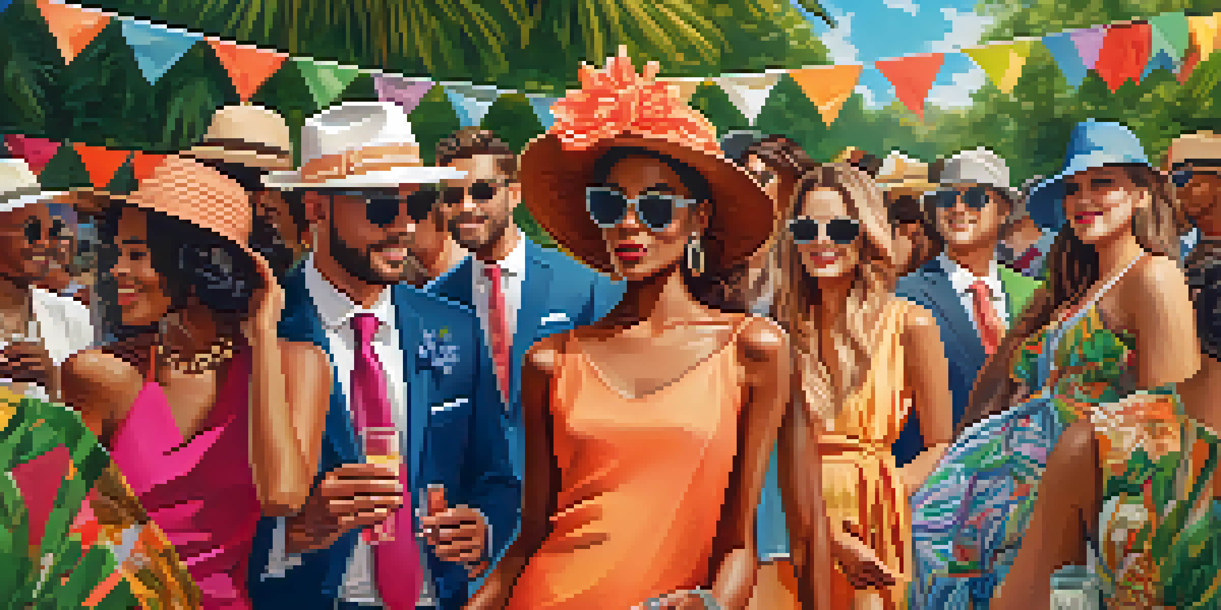 A lively outdoor fashion event with diverse people in stylish clothing, a colorful banner, and greenery under a sunny sky.