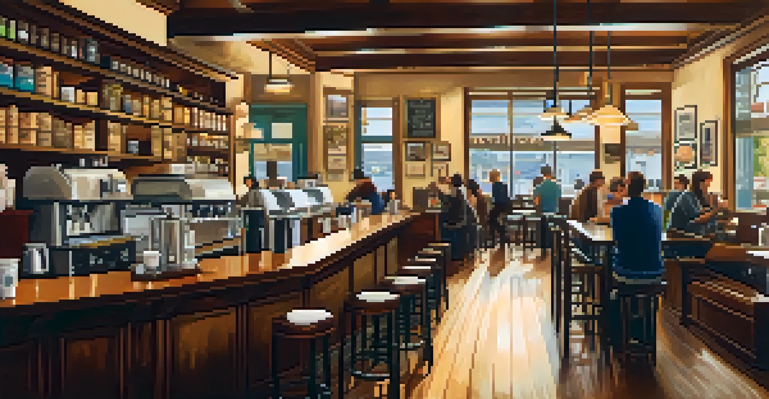An inviting coffee shop interior in San Francisco with baristas making coffee and patrons enjoying the ambiance.