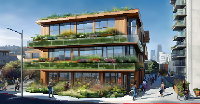 A contemporary building with a green roof and solar panels, surrounded by community gardens, representing sustainable urban architecture.