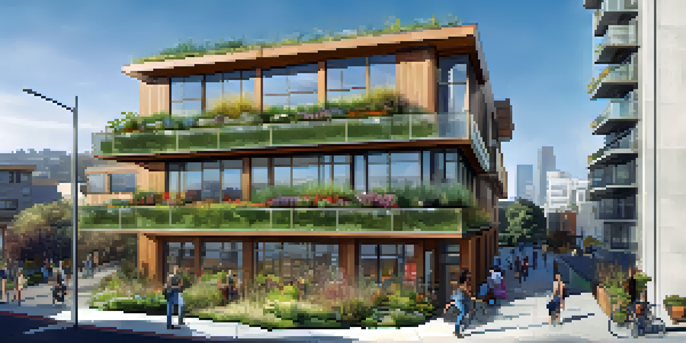A contemporary building with a green roof and solar panels, surrounded by community gardens, representing sustainable urban architecture.