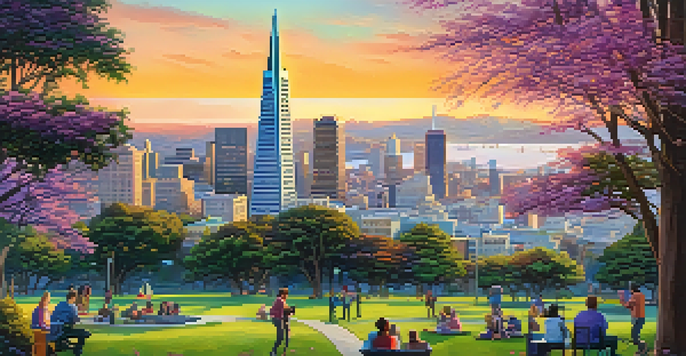 A sunset view of San Francisco's skyline, highlighting both historic and modern architecture, with a park in the foreground.