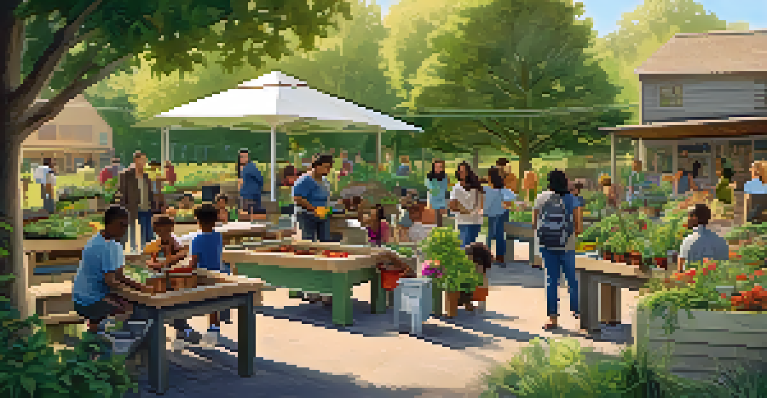 A community garden workshop with participants learning about composting, surrounded by tools and plants in a shaded area.