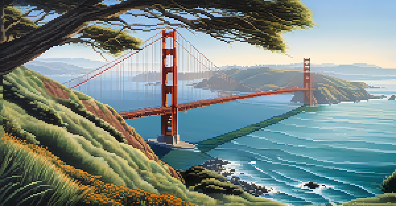 The Golden Gate Bridge viewed from Vista Point, surrounded by hills and ocean, with morning fog enhancing the scene.