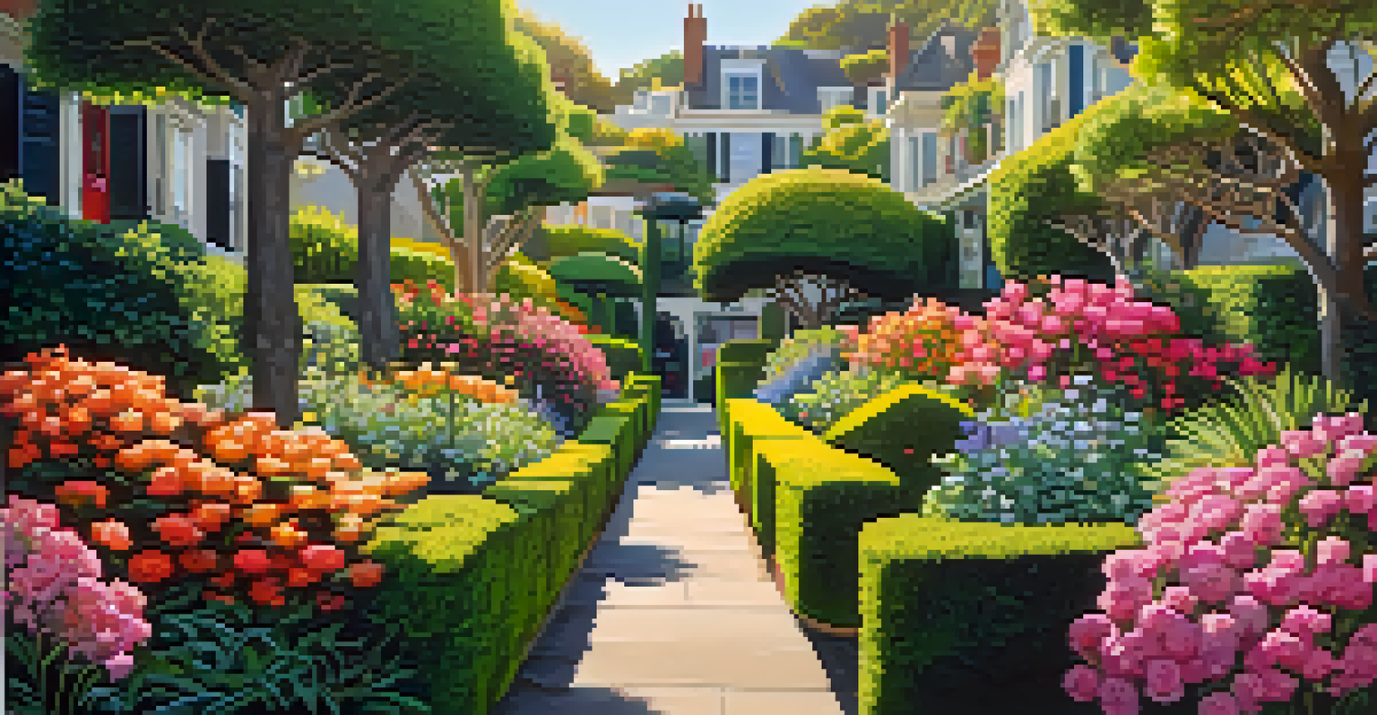 A detailed view of the lush gardens along Lombard Street, capturing the vibrant flowers and greenery in soft morning light.