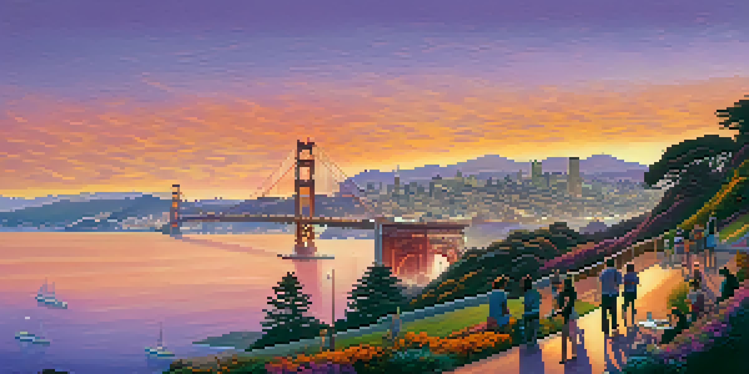 A panoramic view of San Francisco's skyline at sunset, with the Golden Gate Bridge and greenery in the foreground.