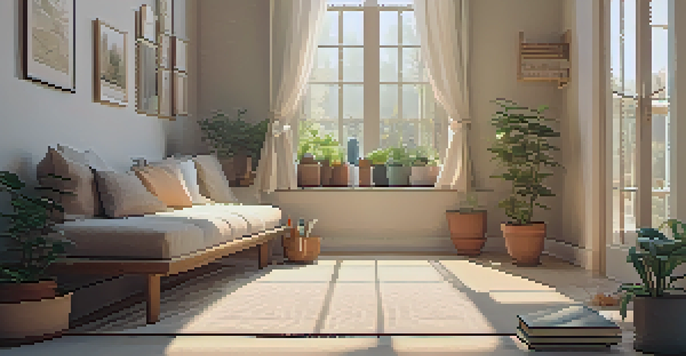 A peaceful corner for mindfulness with cushions, a journal, and tea, illuminated by natural light and decorated with plants and flowers.